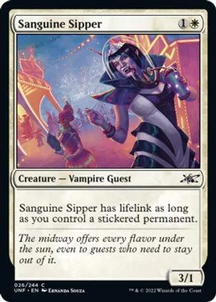 Vampire creature card, dark robes, holding a goblet, purple and blue art.
