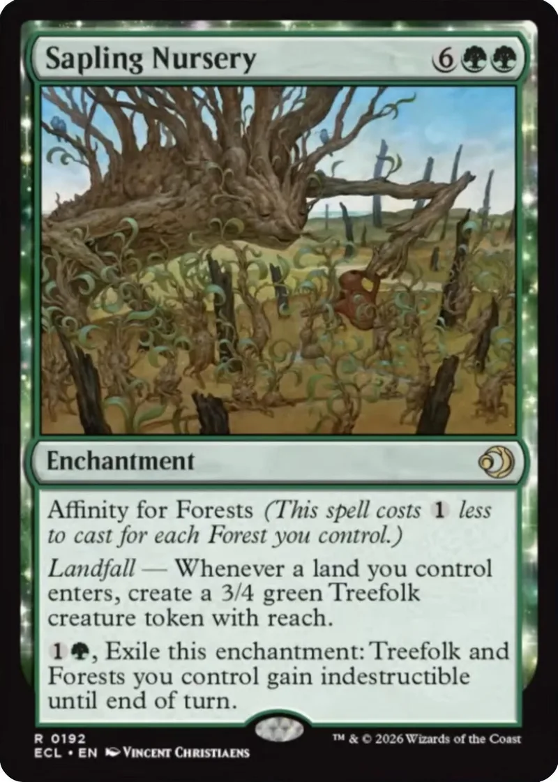 Green tree enchantment card art showing a large, gnarled tree in a forest.