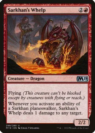 Red and black dragon creature card, Sarkhan's Whelp, with fiery effects.