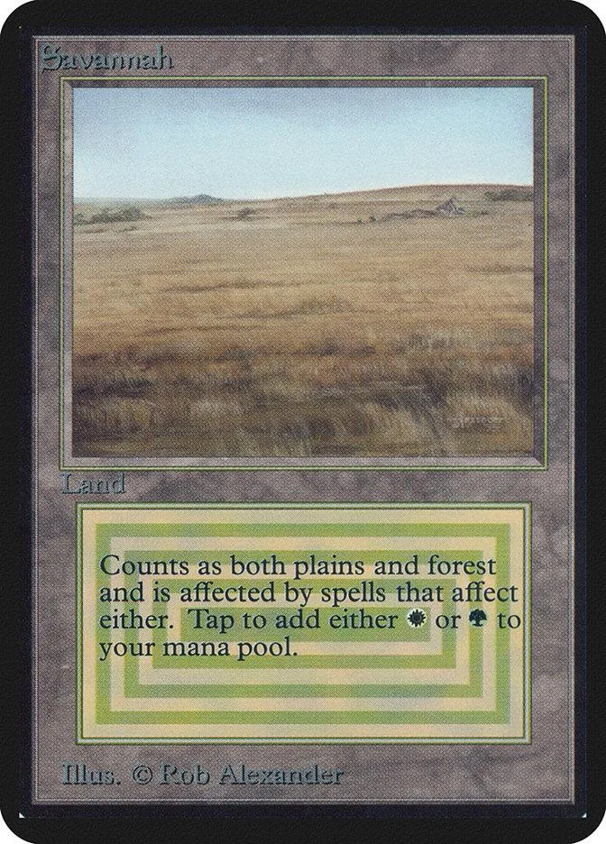 Savannah land card, brown and tan landscape art, black border.