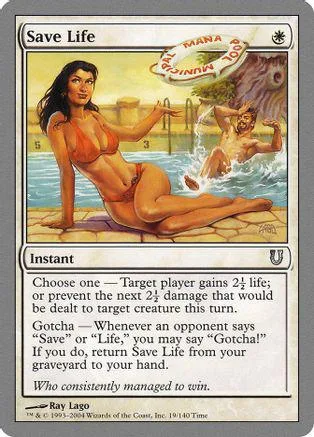 Card art depicts a woman reclining near water with a man splashing in the background.