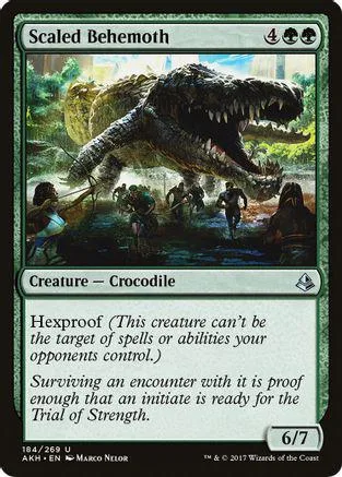 Dark crocodile creature on green field, black and green card art.