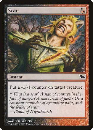 Yellow-haired creature screaming on a card with dark, wooded background.