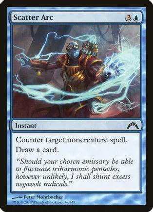 Blue and white Magic: The Gathering card, Scatter Arc, featuring a wizard casting lightning.