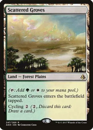 Scattered Groves land card art showing a hazy, treed landscape under a colorful sky.