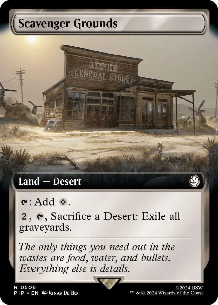 Desert general store building on a dusty landscape. Magic: The Gathering land card.