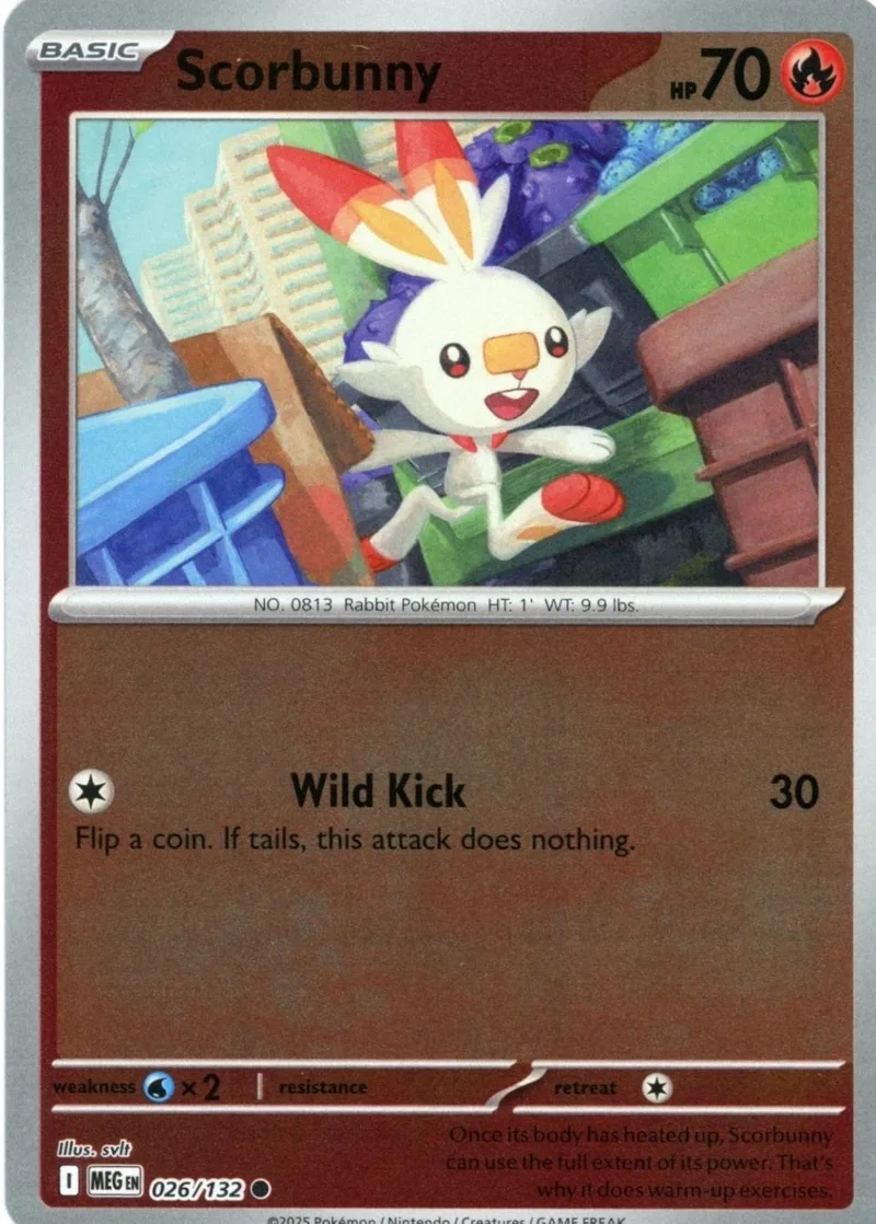 White rabbit Pokémon card, Scorbunny, with orange and red accents.