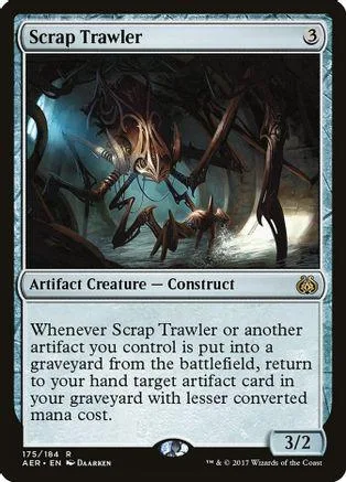 Dark, mechanical creature on a Magic: The Gathering card. Silver and brown tones.