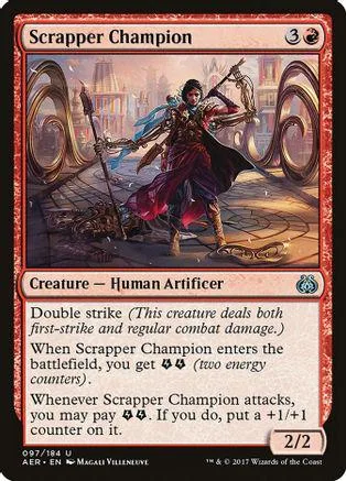 Red and black card art of a warrior figure on a battlefield.