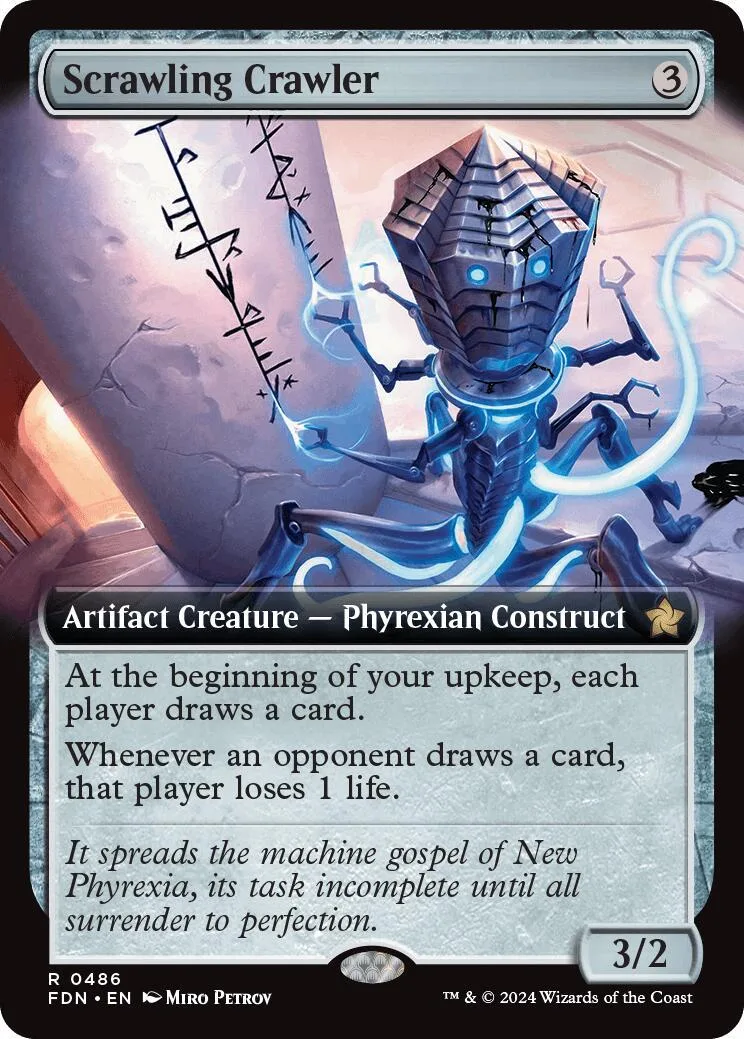 Blue mechanical creature on a card with white and purple accents.