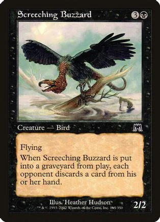 Dark bird creature flying over water, black and white card art.
