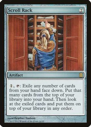 Blue and white Magic: The Gathering card, Scroll Rack, showing a figure in a library.