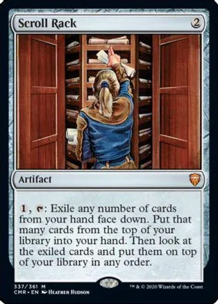 Card art shows person reaching into wooden bookshelf. Scroll Rack artifact card.