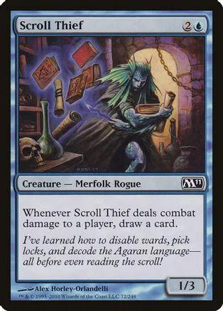 Blue and black Magic: The Gathering card, Scroll Thief, merfolk rogue creature.