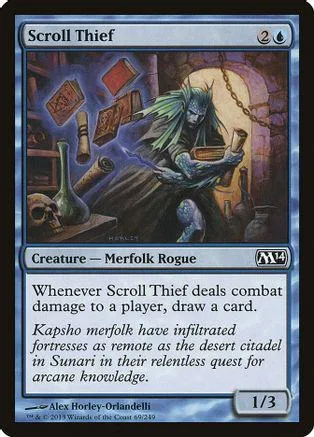 Blue-skinned merfolk rogue creature card with dark, moody art.