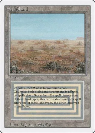 Scrubland land card art showing dry, open landscape under a light blue sky.