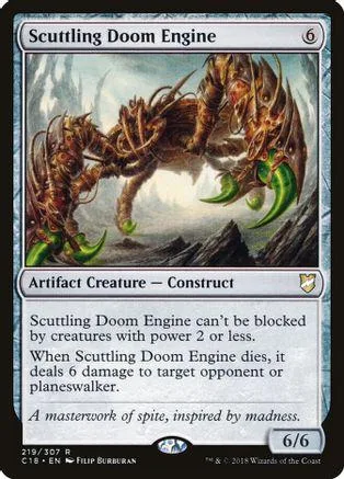 Brown mechanical creature on a battlefield, Magic: The Gathering card.