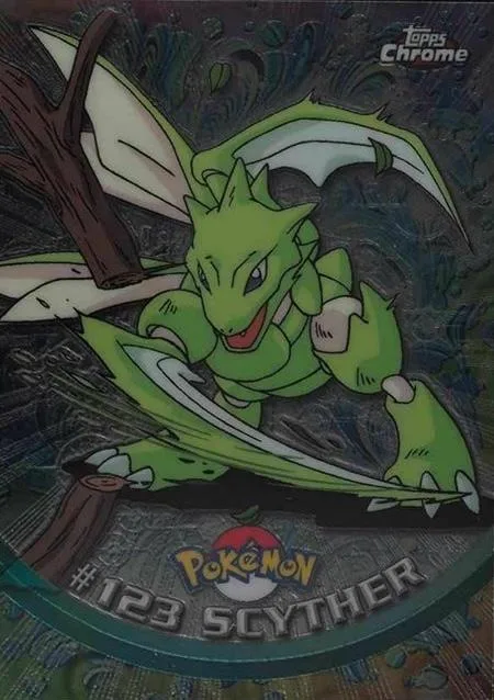 Green, winged creature on dark background. Topps Chrome card, #123 Scyther.