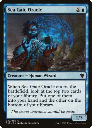 Wizard with blue glowing energy, Sea Gate Oracle card art, black and blue tones.