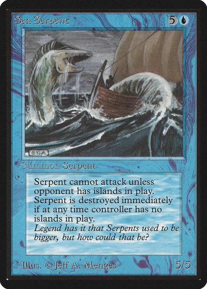 Sea Serpent card art showing a large serpent attacking a ship in dark water.