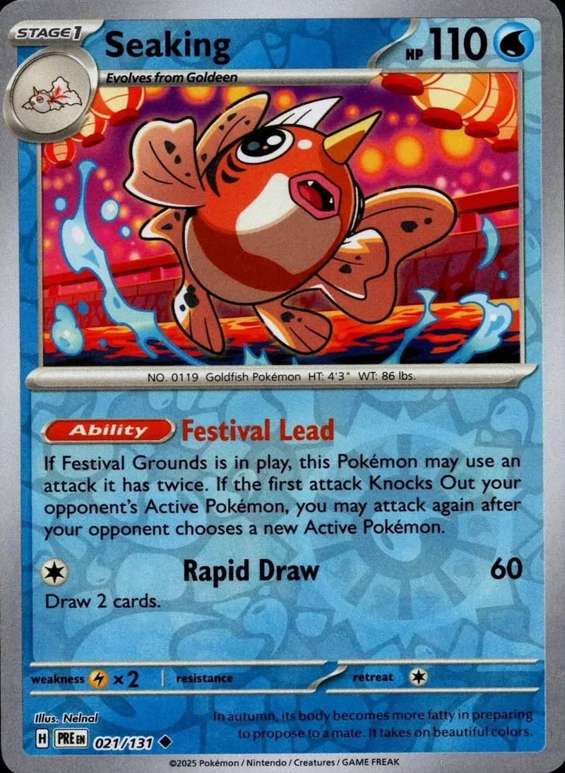 Orange goldfish Pokémon card, Stage 1, 110 HP, Festival Lead ability.