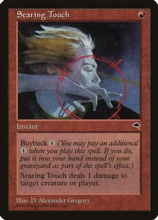 Card art shows blonde figure with glowing red energy effect. Black and red design.