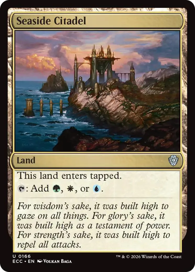 Magic: The Gathering Seaside Citadel land card art showing a coastal fortress at sunset.