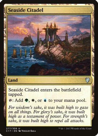 Fantasy castle on a rocky coast under a sunset sky. Magic: The Gathering land card.