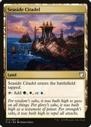 Fantasy castle on rocky island under dramatic sky. Land card.