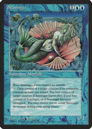 Green and pink mermaid on a card with blue and teal background.