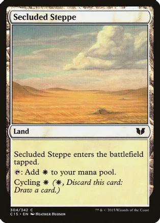 Landscape card art of arid, rolling hills under a cloudy sky.