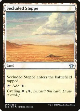 Desert landscape card art, "Secluded Steppe" land, white border.