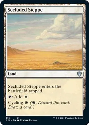Landscape art card showing arid, open plains under a cloudy sky.