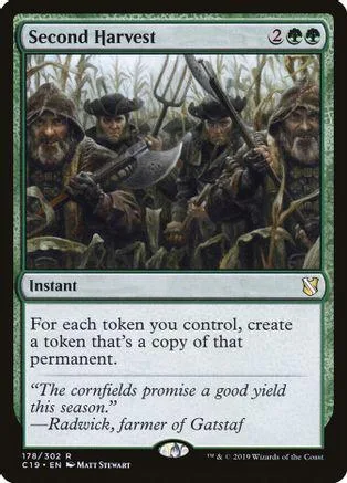 Card art depicts figures in a field with farming implements. Second Harvest instant spell.