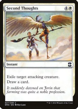 Winged warrior on a staff above a figure, fantasy art card.