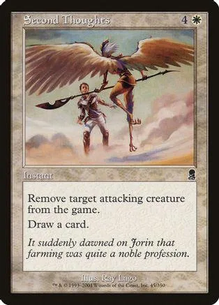 Winged figure and man on a fantasy landscape card.