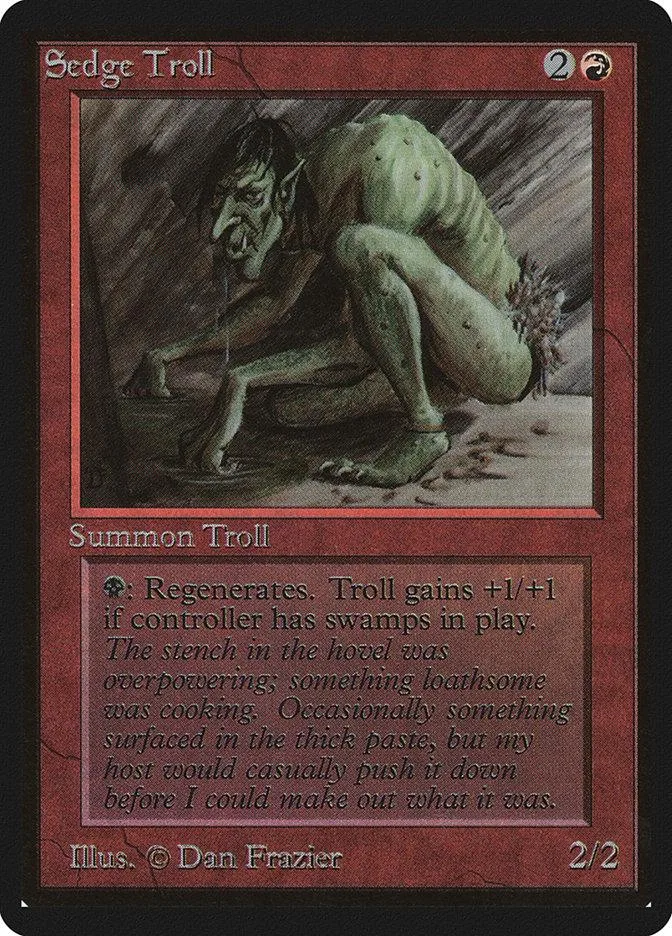 Sedge Troll Magic: The Gathering card art, green troll in dark setting.