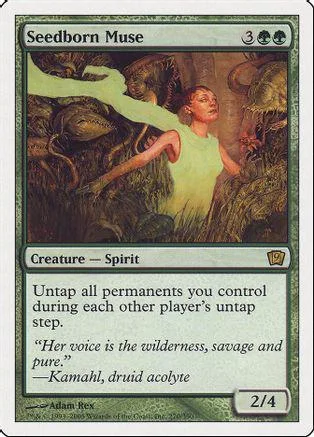 Spirit creature card art: woman in green amidst dark, mossy foliage.