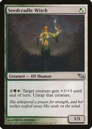 Elf shaman with glowing staff stands in dark, overgrown forest.
