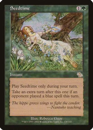 Woman reclining in a forest scene on a green Magic: The Gathering card.