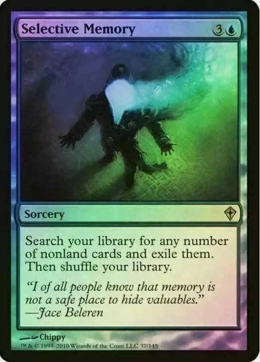 Dark figure with glowing energy on a green background, "Selective Memory" card.