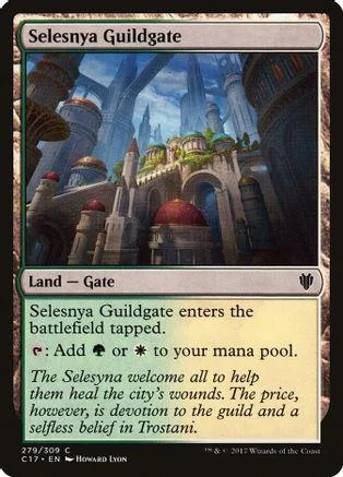 Magic: The Gathering card art of a city gate under a blue sky.