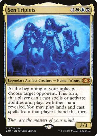Three dark, blue-toned wizards on a Magic: The Gathering card.