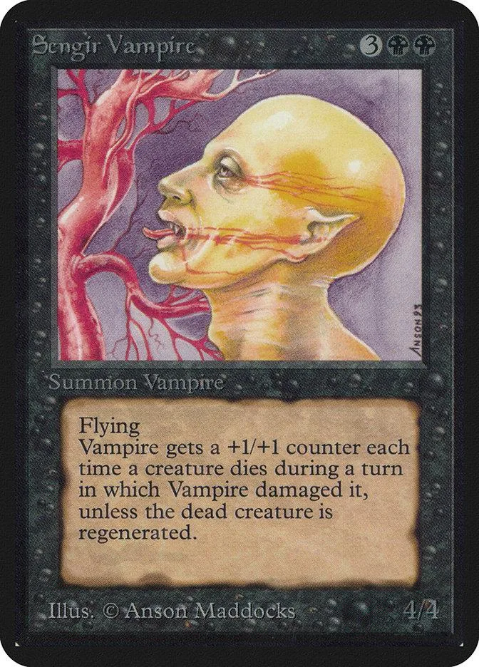 Yellow, pale vampire head portrait on a black Magic: The Gathering card.