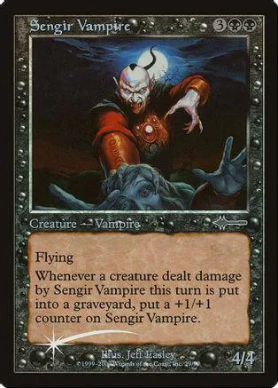 Vampire creature card art, dark colors, showing a menacing figure.