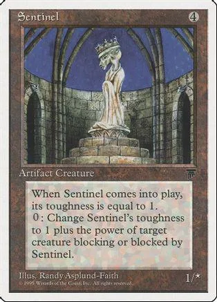 White statue in stone archway on a collectible card.