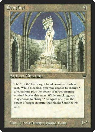 White statue in stone archway on a collectible card.