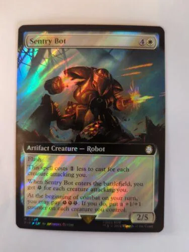 Magic: The Gathering card, Sentry Bot, dark metallic robot on a battlefield.
