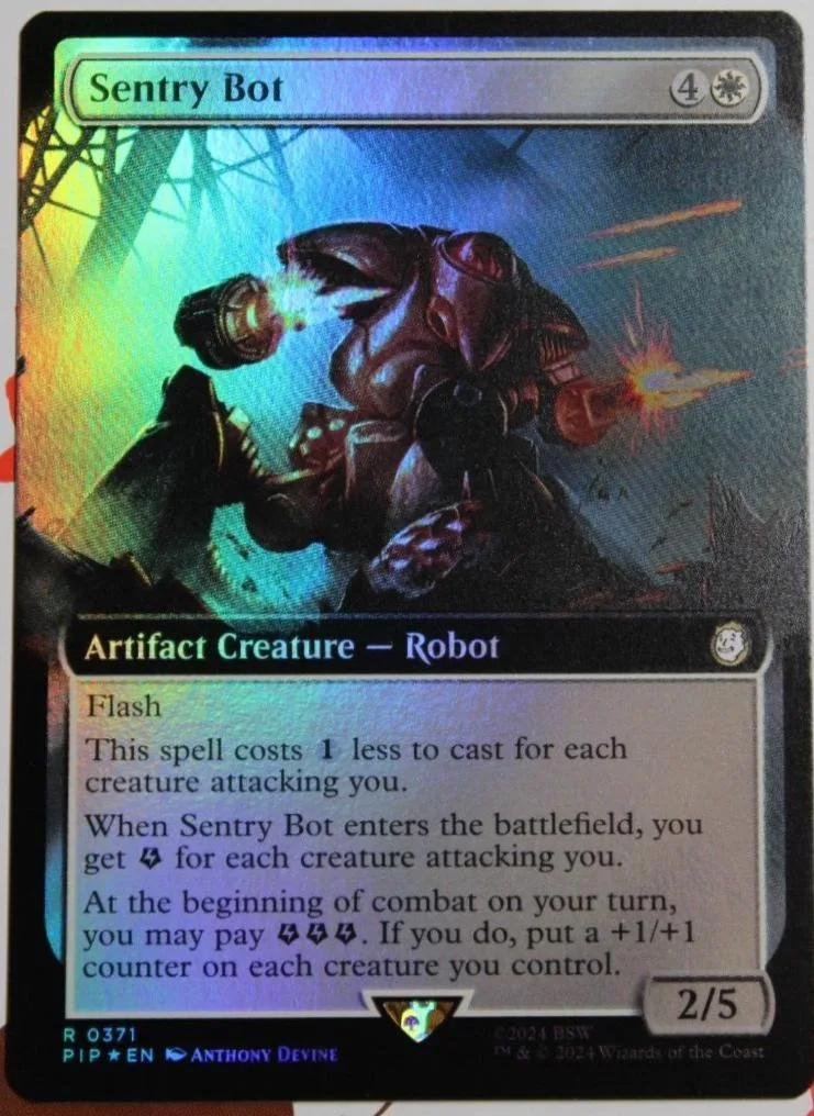 Dark robot creature card art, blue and purple tones, showing a powerful mechanical figure.