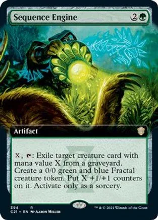 Green and blue card art featuring a glowing, monstrous hand. Sequence Engine artifact.